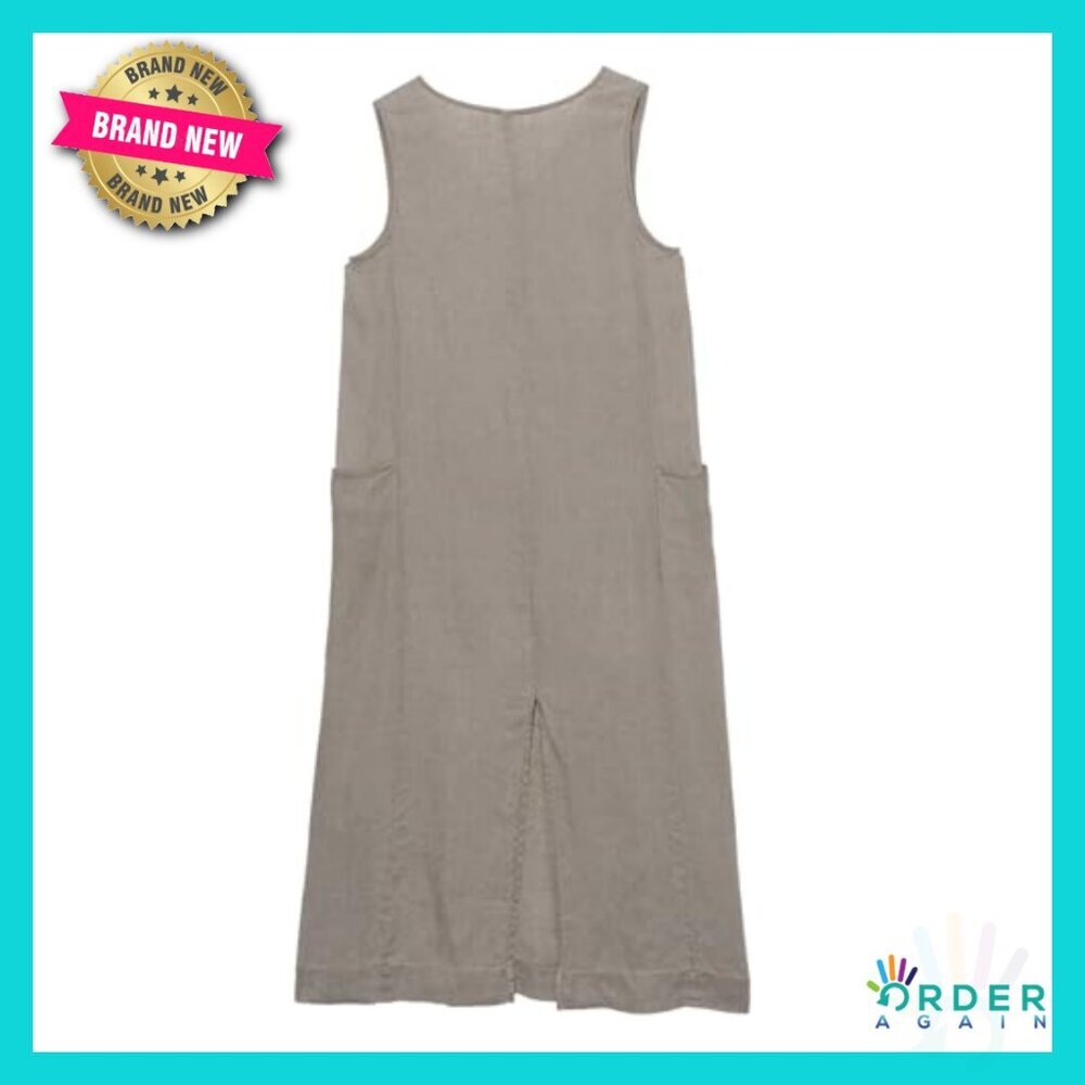Linen Sleeveless V-Neck Midi Dress with Slit Casual Chic Relaxed Fit - Picture 6 of 7